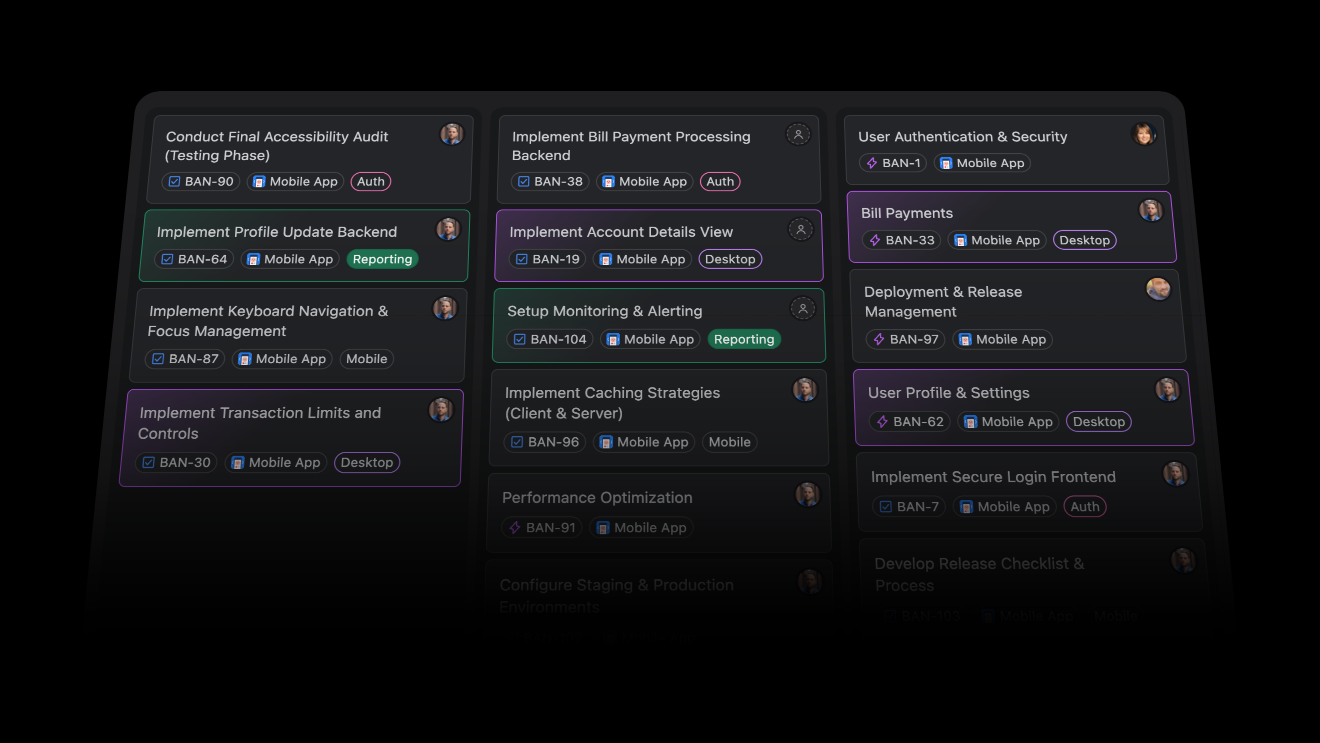 A BetterBoard board with several card-color effects applied at once: colored side lines, tinted backgrounds, faded border gradients, and corner accents distinguish work items across the Mobile App columns.