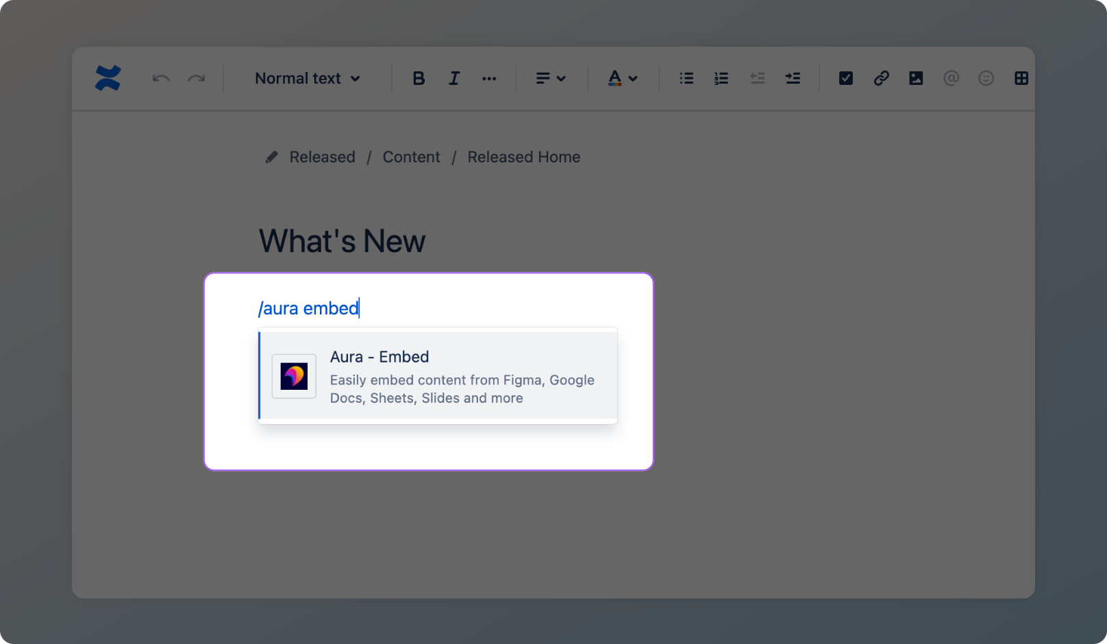Adding the Aura Embed macro to a Confluence page