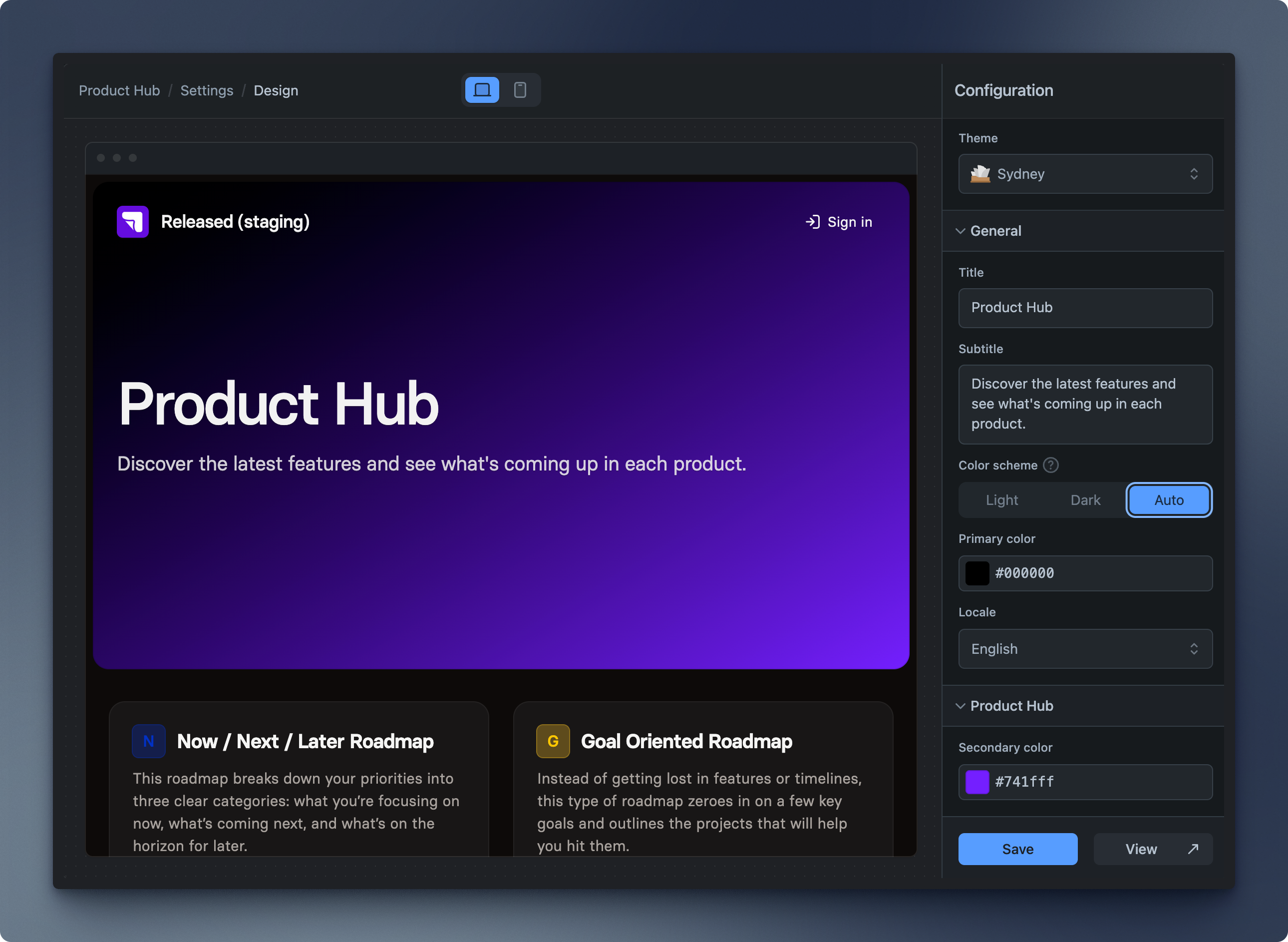 Product Hub Design Settings