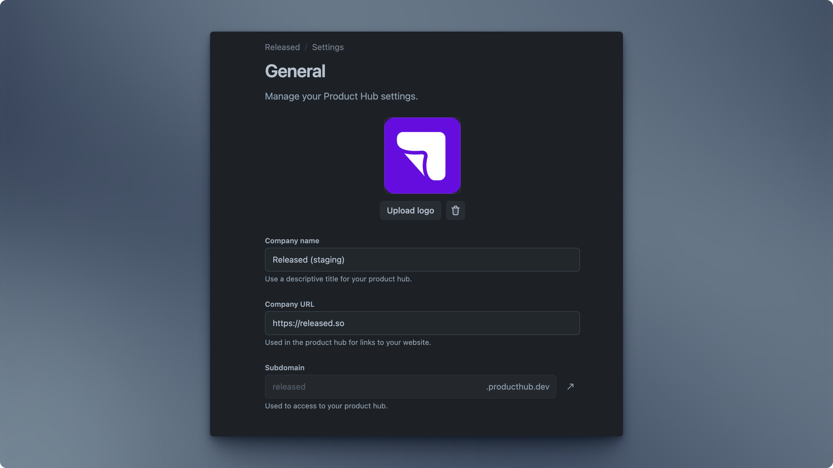 General settings for the Product Hub