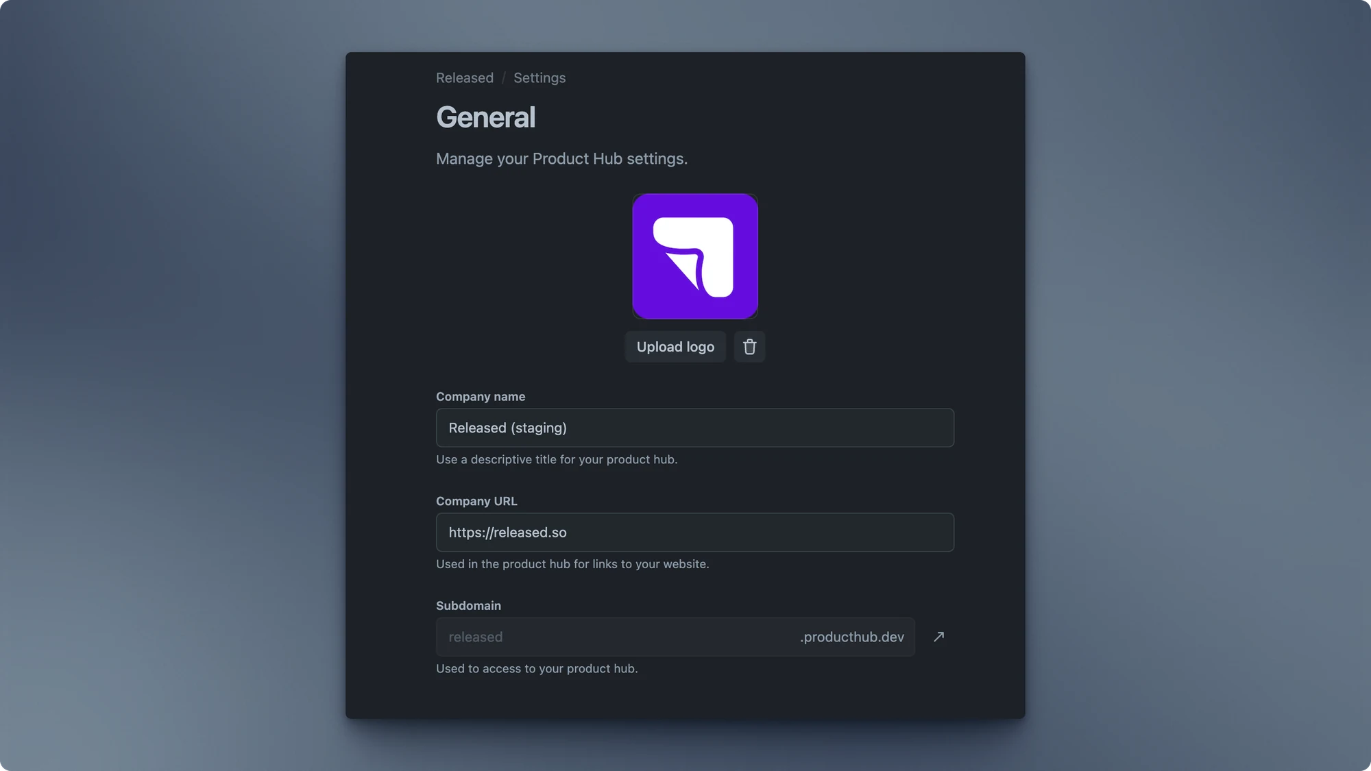 General settings for the Product Hub