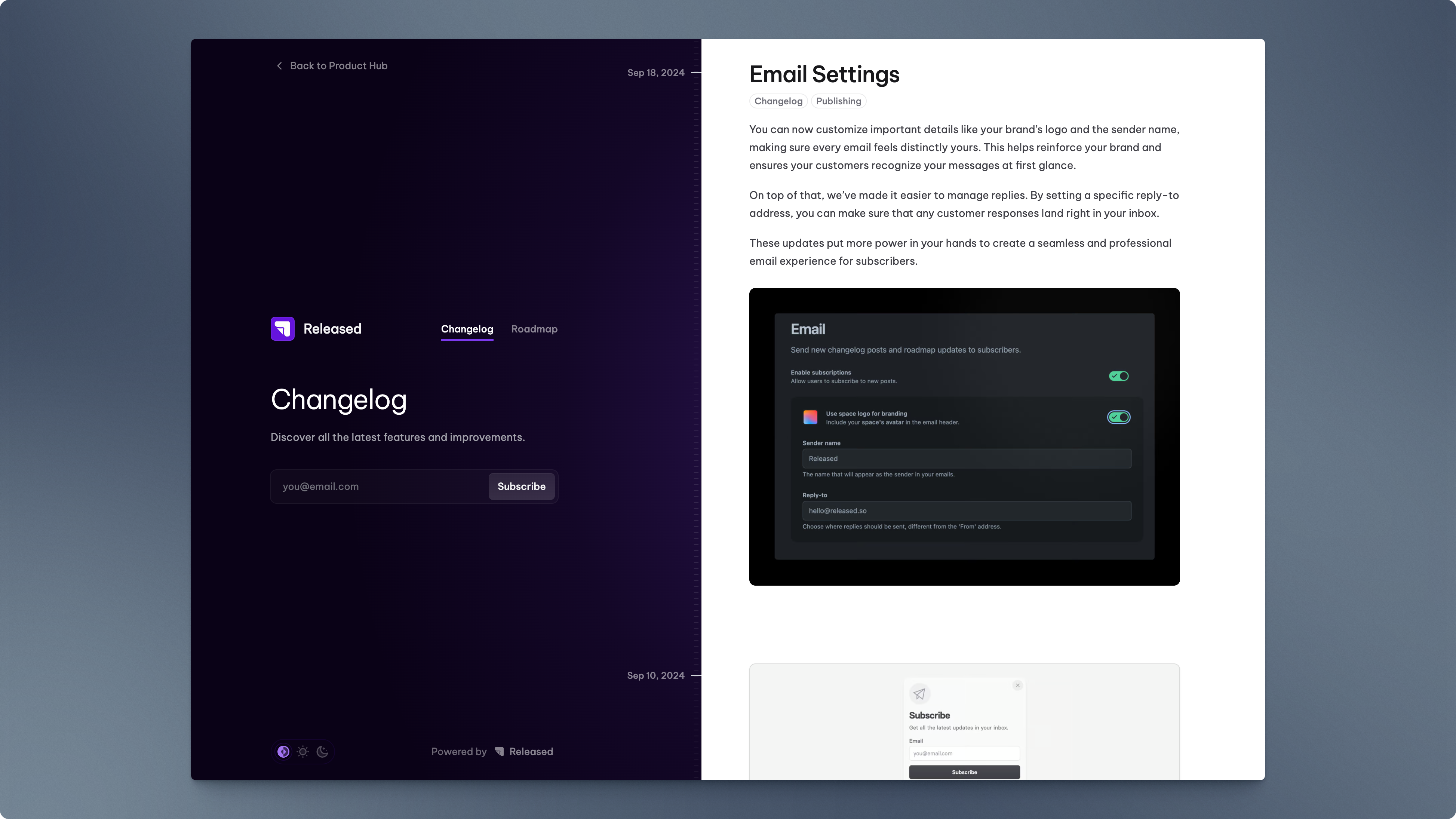 A modern side-by-side layout featuring a continuous changelog timeline and a vertical roadmap layout.
