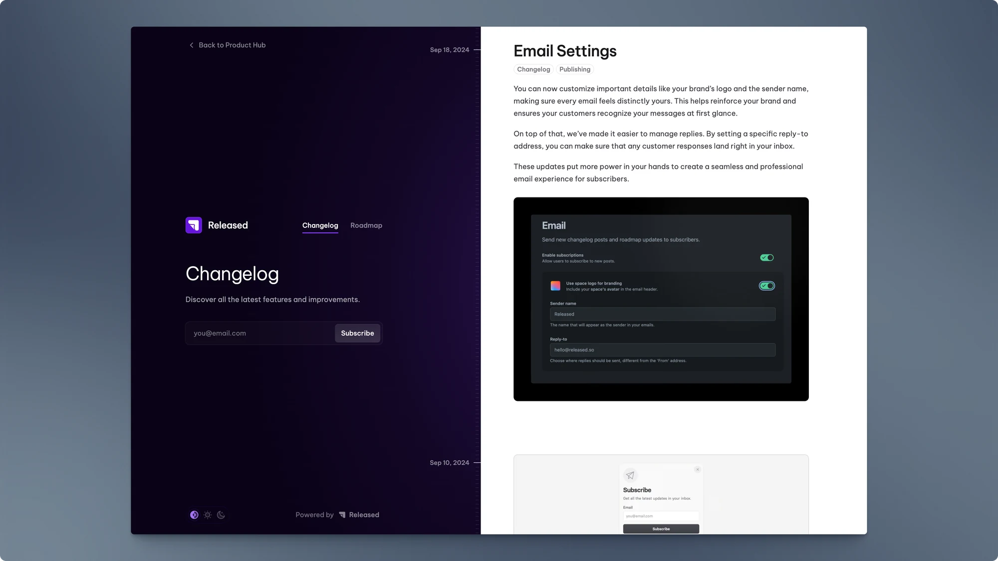 A modern side-by-side layout featuring a continuous changelog timeline and a vertical roadmap layout.