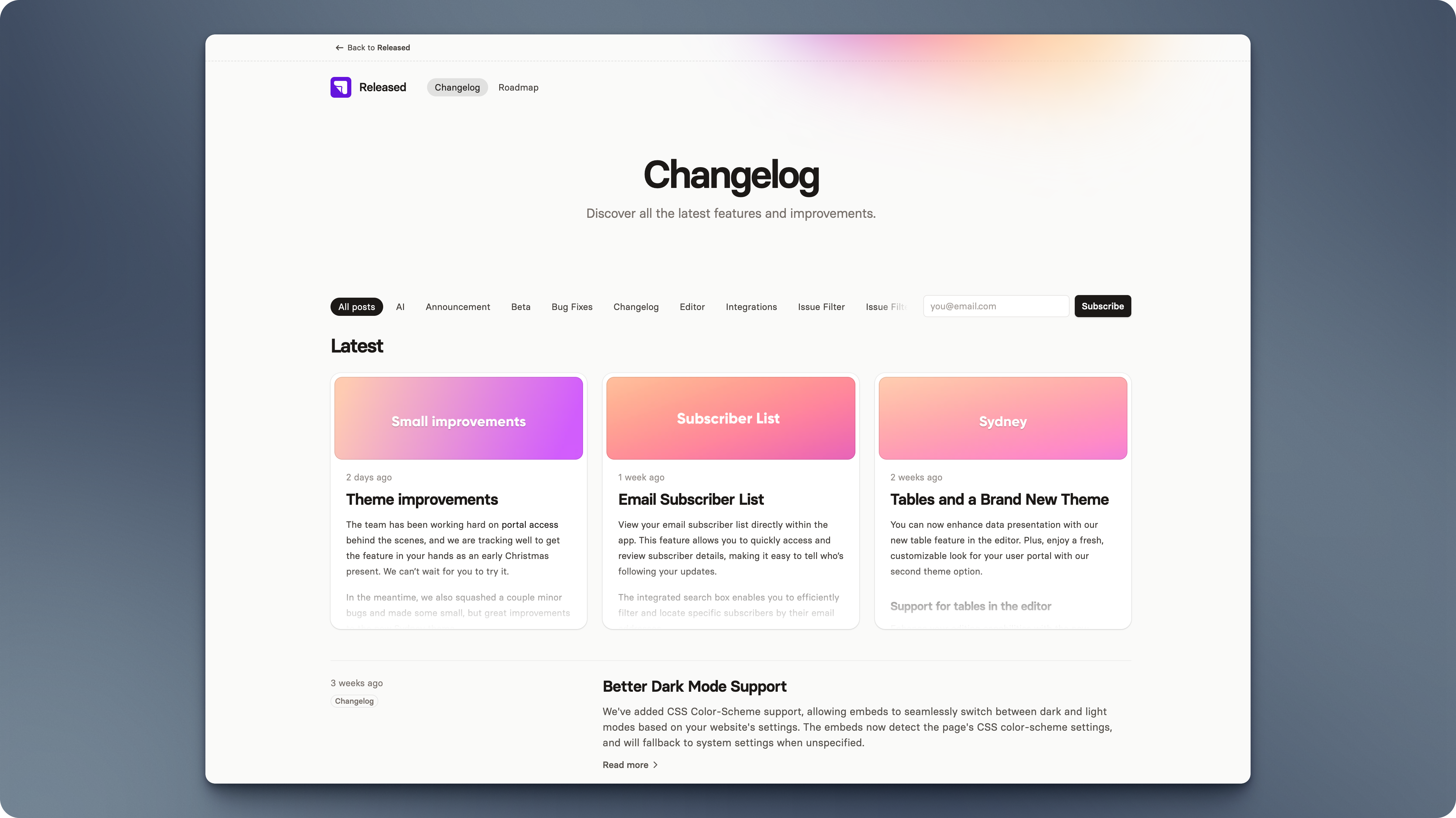 A beautiful portal layout, featuring a slick changelog with "recently featured" and a horizontal roadmap.