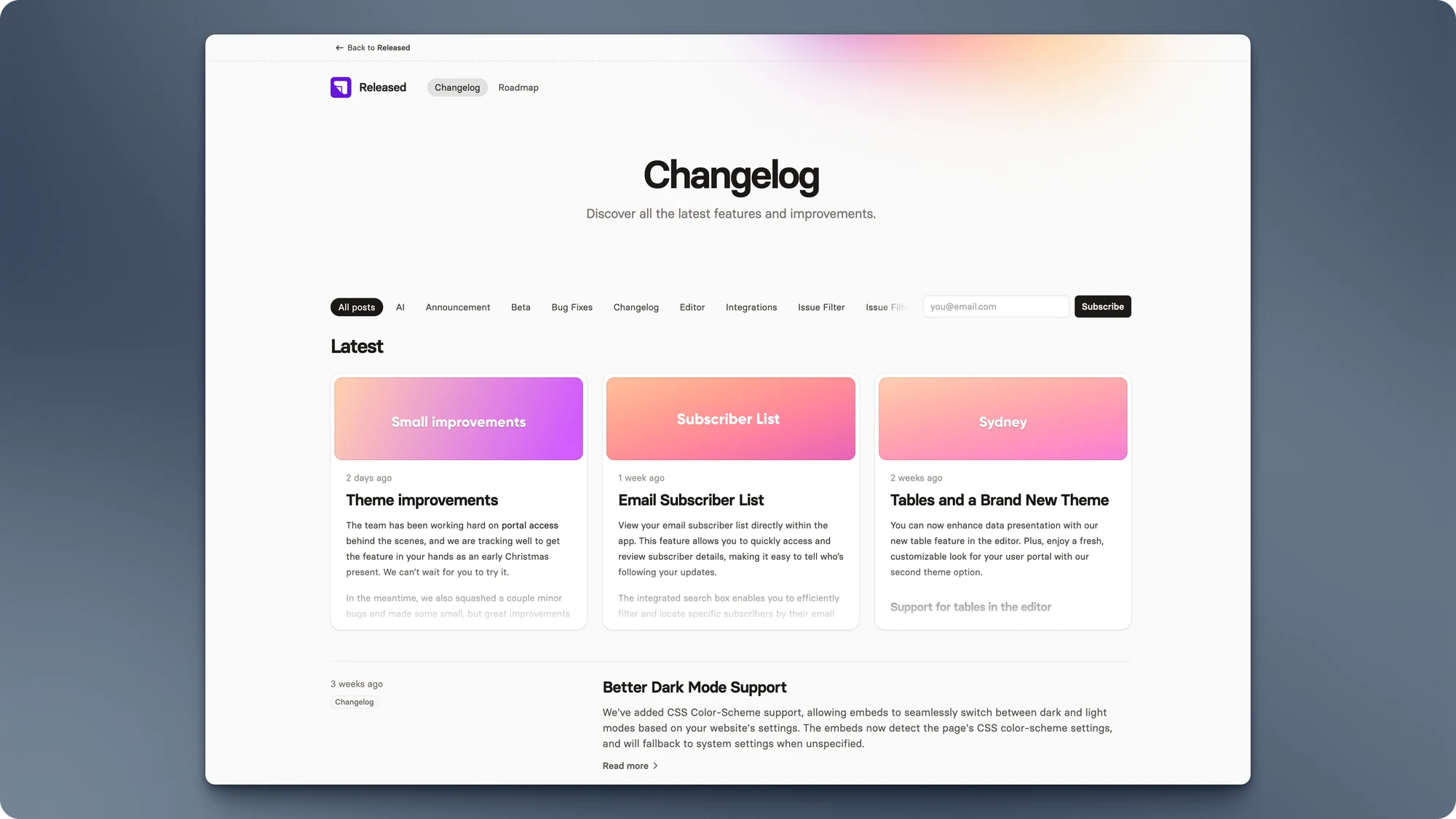 A beautiful portal layout, featuring a slick changelog with "recently featured" and a horizontal roadmap.